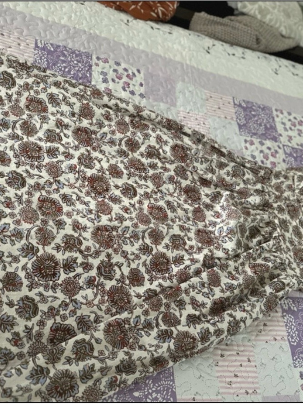 Handcrafted Floral Cotton Quilt Throw in Cream and Brown